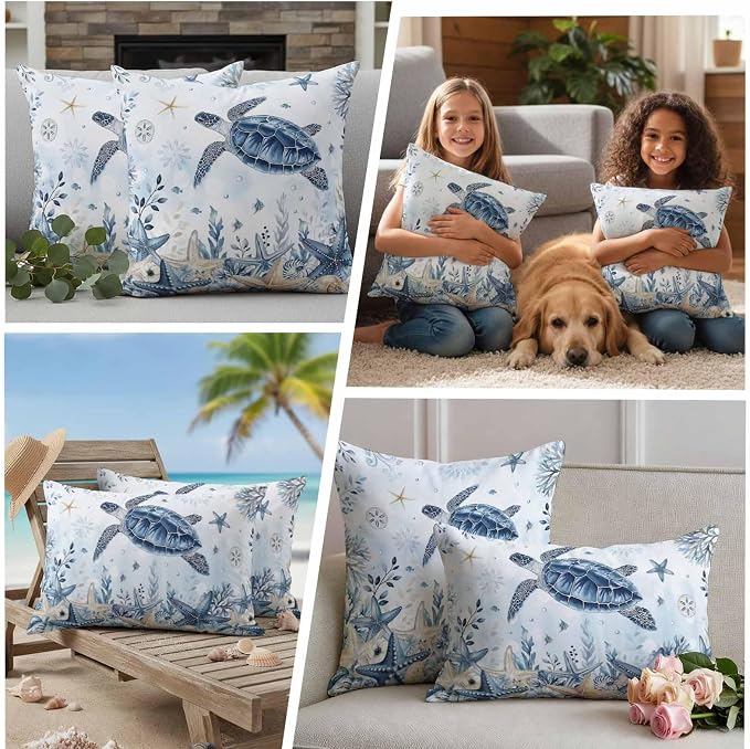 Pack of 2 Blue Turtle Coastal Outdoor Pillow Covers Decorative, Beach Starfish Waterproof Pillow Protector, Nautical Coral Botanical Lumbar Throw Pillowcases for Patio Couch Sofa Home Decor 20"x12"