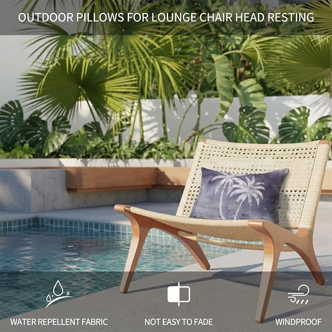 Palm Trees Tropical Outdoor Pillows for Chaise Lounge Chair Beach Headrest Pillow Set of 2 Waterproof Lumbar Pillows with Insert&Strap Shabby Purple Summer Coastal Recliner Pool Pillow 12"x20"