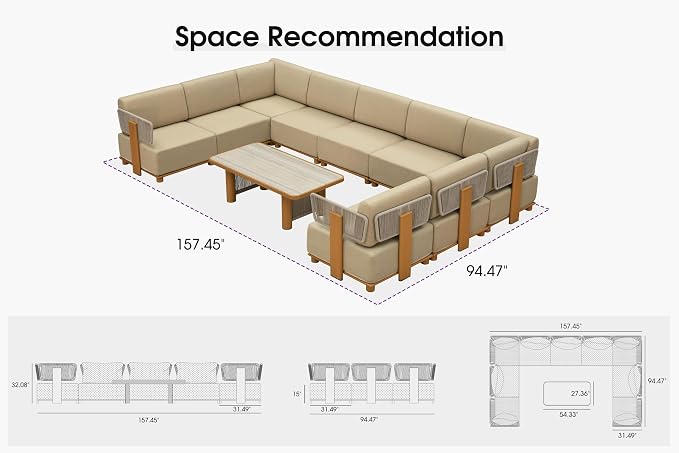 PURPLE LEAF Patio Furniture Set Modular U-Shaped Outdoor Sectional Sofa with 11" Thick Olefin Cushion 10-Piece Outdoor Conversation Set with White Lights & Table for Backyard Garden Poolside, Beige
