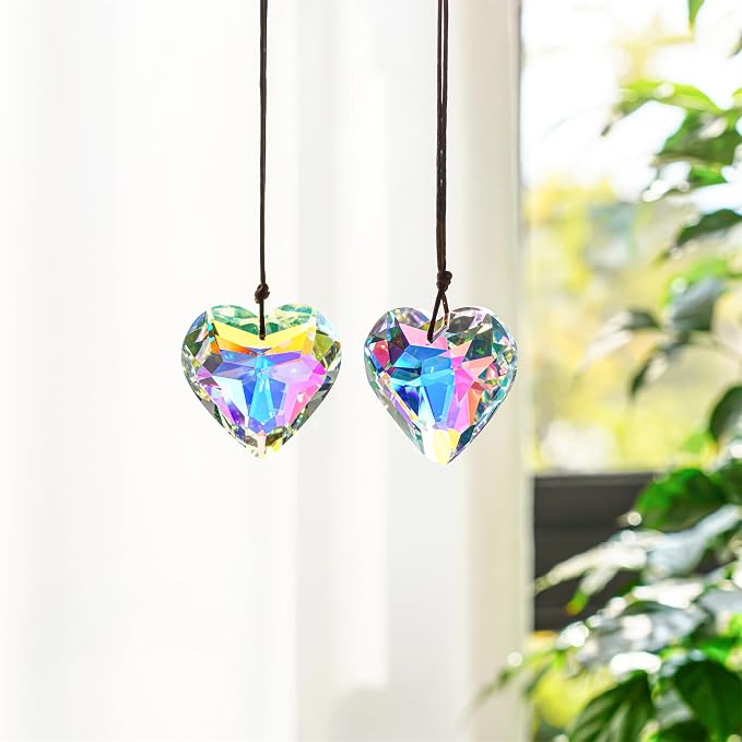 2 Pcs 50mm AB Heart Crystal Prism Rainbow Suncatcher Window Decor | AB Color Heart Crystal Prism Suncatcher Pendants Rainbow Chandelier with Rope for Window Garden Home Wedding Decor