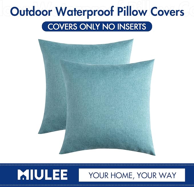 MIULEE Pack of 2 Decorative Outdoor Solid Waterproof Throw Pillow Covers Linen 18x18 inch Turquoise with Pack of 4 Outdoor Pillow Inserts