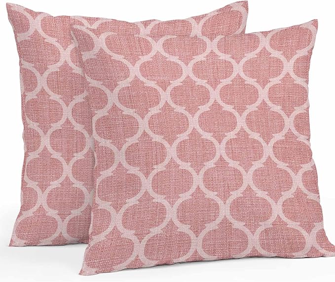 Coral Pink Morocco Outdoor Pillow Covers 18x18 Inch Throw Pillow Covers Set of 2 Waterproof Decorative Pillow Cases Vintage Geometric Plaid Mahbudium Cushion Covers for Patio Furniture Garden Couch