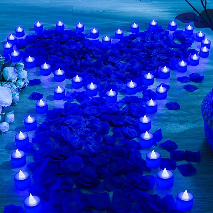 Coume 6000 Pcs Artificial Rose Petals with 72 Pcs Flameless LED Candles Romantic Decorations Fake Candles Anniversary Decorations for Valentine's Day Wedding Night(Blue)