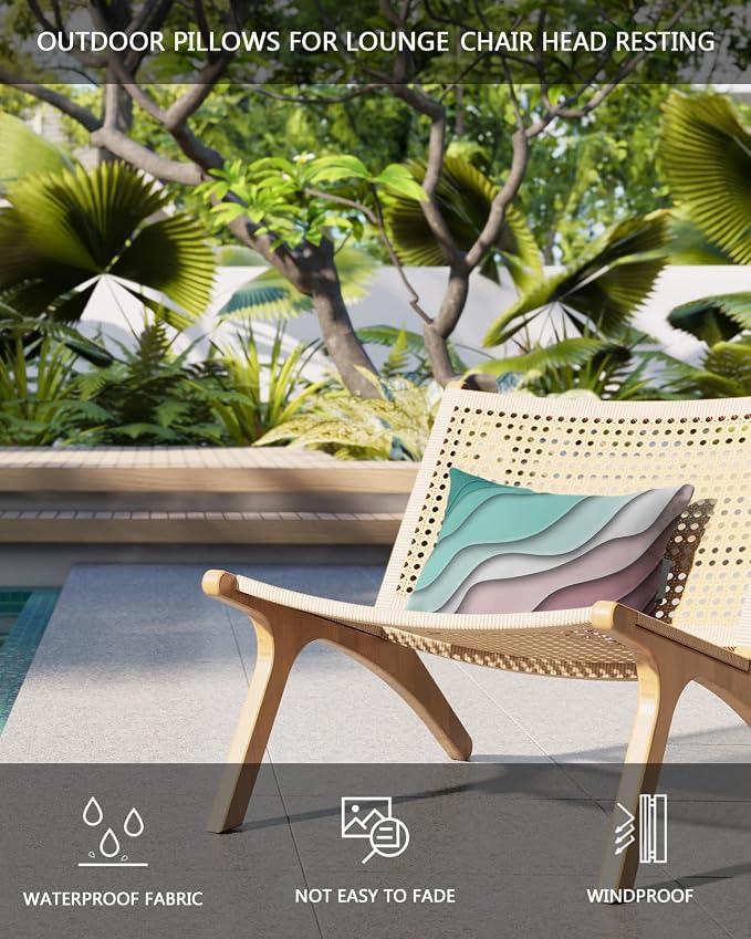 Outdoor Pillows Covers with Inserts Geometric Abstract Green Pink Gradient Waterproof Recliner Pillow with Adjustable Strap Throw Pillows for Patio Furniture Pool Lounge Chair, 12x20 inch, 2PCS