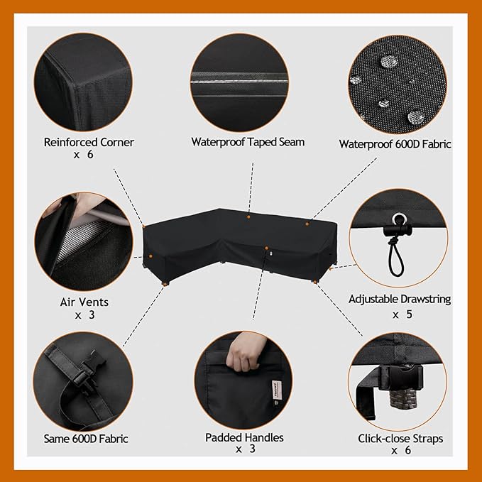Heavy Duty Outdoor Sectional Sofa Cover, 83"X104" Waterproof 600D Patio Sectional Couch Cover, Lawn Patio Furniture Cover (Midnight Black, L-Shaped-Left Facing-83 x104)
