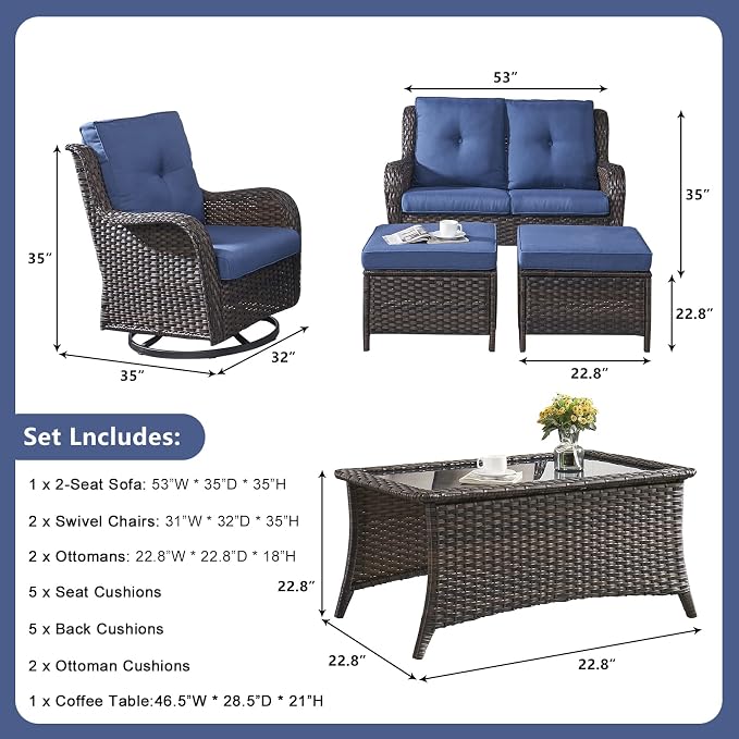 Rilyson Wicker Patio Furniture Set - 6 Piece Rattan Outdoor Sectional Conversation Sets with 2 Swivel Rocking Chairs,2 Ottomans,1 Loveseat and 1 Coffee Table for Porch Deck Garden(Brown/Blue)