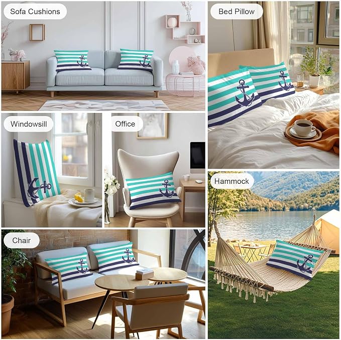 Lumbar Pillow Covers 20x12 Inch Set of 2, Anchor Turquoise Waterproof Outdoor Cushion Covers, Modern Navy Blue White Striped Nautical Decorative Pillowcases for Couch, Sofa, Bed, Garden, Patio