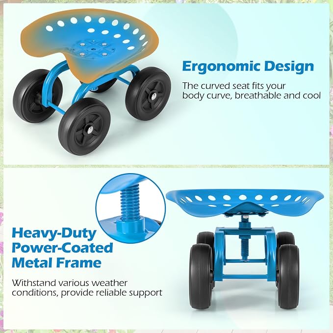 Garden Cart with Seat, Heavy-Duty Rolling Outdoor Wagon Scooter w/Height Adjustable & 360° Swivel Seat, Gardening Work Seat Stool, Patio Scooter on Wheels for Lawn Yard Planting (Blue)