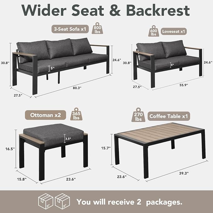 Patio Furniture Set 7 Seats and Coffee Table, 5 Pieces Patio Conversation Set with Thick Cushion, Ottomans, Deluxe Aluminum Modern Outside Sectional for Porch, Balcony, Deck, Yard, Dark Gray