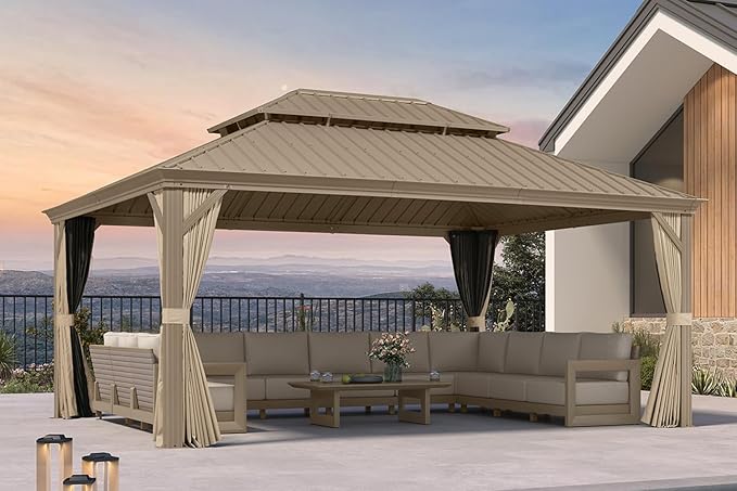 PURPLE LEAF Outdoor Gazebo 13'X17'，Champagne Hardtop Gazebo with Galvanized Steel Double Roof, Permanent Patio Gazebo with Curtains and Netting for Patio Lawn Garden and Deck