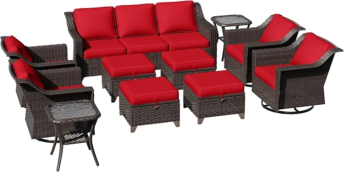 11 Pieces Patio Conversation Furniture Set - 1 Sofa, 4 Ottomans, 4 Swivel Chairs, 2 Side Tables, Outdoor Wicker Furniture with Removable Cushions for Porch, Balcony, Sunroom (Red)