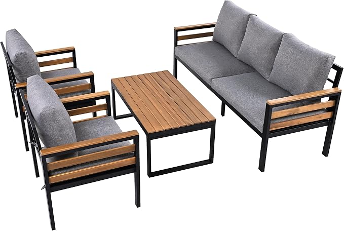 VilroCaz 4-Piece Outdoor Patio Furniture Sectional Sofa Set with Acacia Wood Armrests, All-Weather Conversation Set with Removable Cushion and Solid Wood Coffee Table for Garden Backyard (Grey-TH)