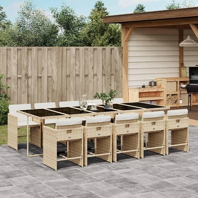 11 Piece Outdoor Patio Dining Set, Poly Rattan Garden Table and 10 Chairs with Cushions, Space Saving Cube Design, Beige