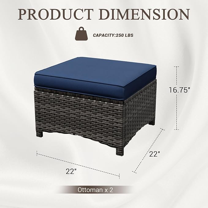 Outdoor Wicker Ottoman Set of 2, Patio Swivel Rattan Ottoman with Thick Cushions, Ideal for Backyard, Garden, Poolside, Blue