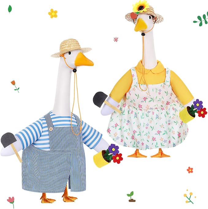 FuWeave 2 Set Porch Goose Outfit Spring Gardener Goose Clothes with Small Flower Pot for 23" Cement Outdoor Patio Yard Decor (Sunflower)