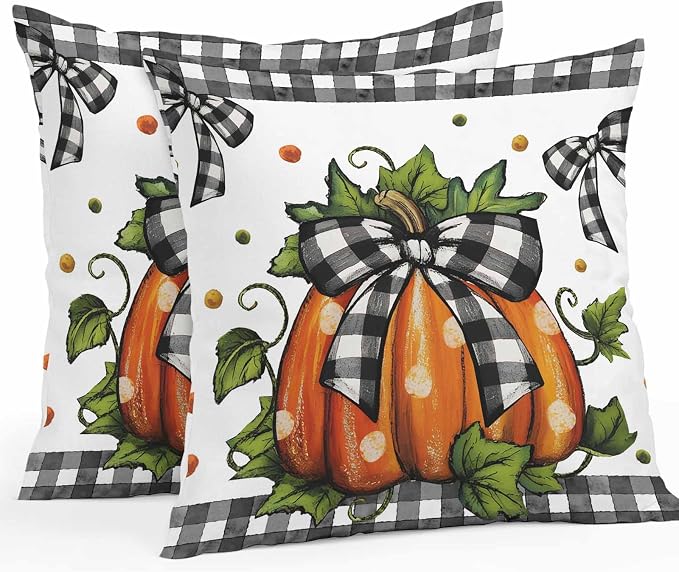 Orange Pumpkins Outdoor Waterproof Pillow Covers, Polka Dot Bow Fall Maple Leaves Plaid Decorative Square Throw Pillowcase Sofa Cushion Sham for Patio/Couch/Chair, 18"x18" 2 Pack