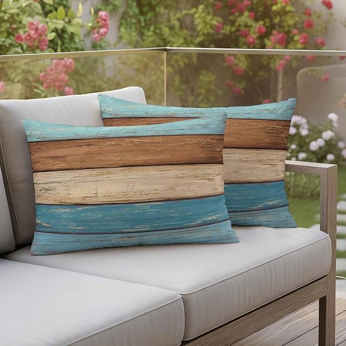 Farmhouse Light Blue Brown Outdoor Waterproof Pillow Covers, Vintage Wooden Striped Decorative Rectangle Throw Pillowcase Sofa Cushion Sham for Patio/Couch/Chair, 20"x12" 2 Pack