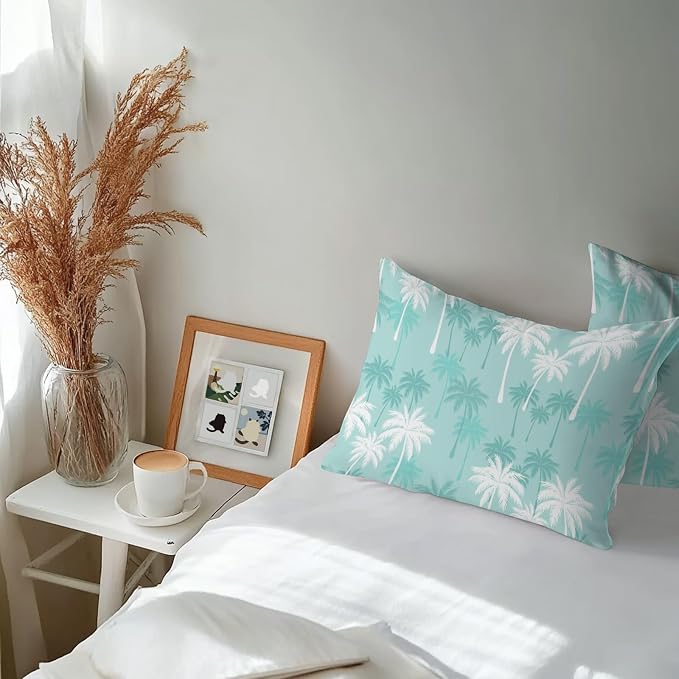 Lumbar Pillow Covers 20x12 Inch Set of 2, Tropical Palm Tree Waterproof Outdoor Pillow Covers, Turquoise White Plants Coastal Leaf Beach Decorative Cushion Pillowcases for Patio, Garden, Couch, Sofa