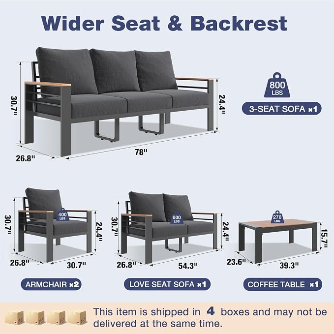 Aoxun Aluminum Patio Furniture Set 7 Seats, Oversized Outdoor Sectional with Washable Thick Cushions, Coffee Table, Patio Conversation Sets for Porch, Balcony, Deck, Dark Gray