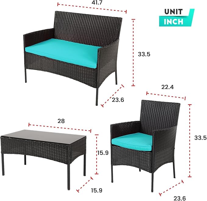 Generic 4 Pieces Outdoor Patio Wicker Furniture Sets Modern Rattan Bistro Set Outdoor Wicker Bistro Conversation Set with Loveseat & Padded Cushions Coffee Table for Home, Lawn and Balcony, Blue