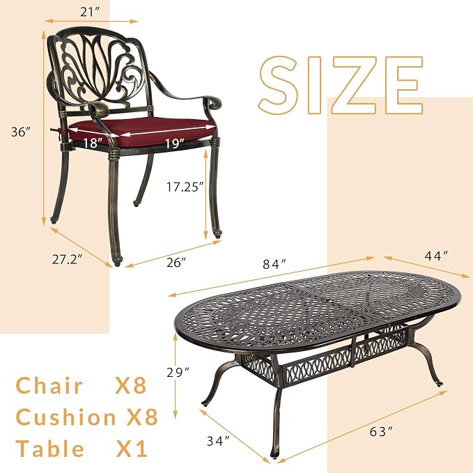 9-Piece Patio Dining Set, Outdoor Patio Table and Chair Set of 84” Oval Cast Aluminum Dining Table with Umbrella Hole and 8 Outdoor Dining Cushion Chairs, Patio Funiture Set for Garden, Red
