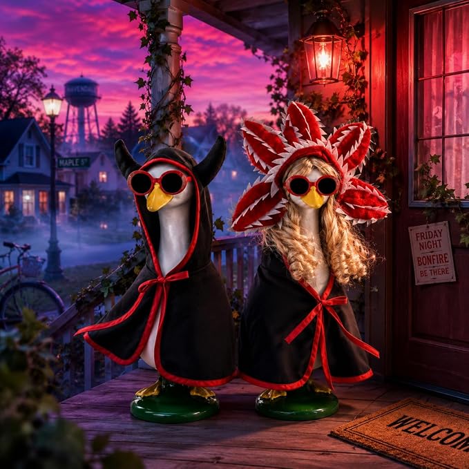 Porch Goose Spooky Monster Outfit 4 Pieces Porch Goose Alien Monster Costumes with 1 Blonde Goose Wig Creepy Plant Hat Horned Cloak Decor for Lawn Goose Statues