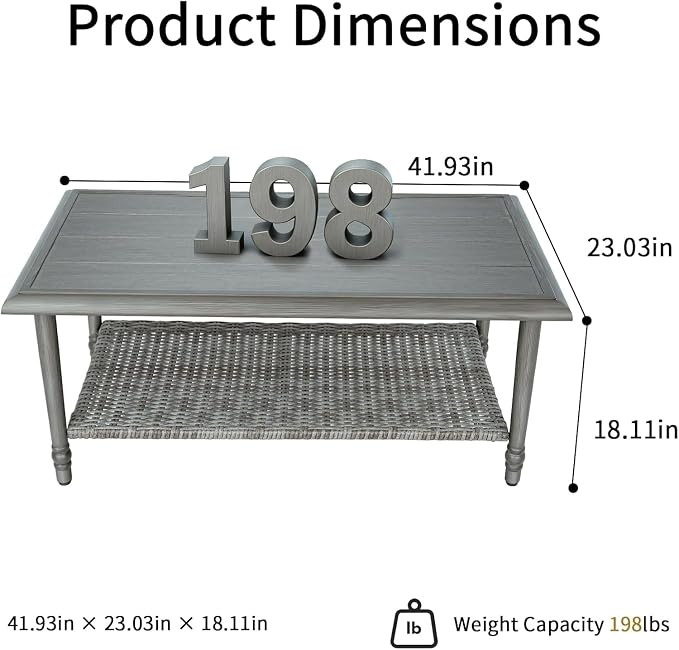 Coffee Table with Storage, PE Rattan Top & Durable Frame, Outdoor Coffee Table Rectangular, Outdoor Patio Table for Balcony Porch Garden Supports 200 lbs, Handwoven Rectangle Design(42” x 23” x 18)