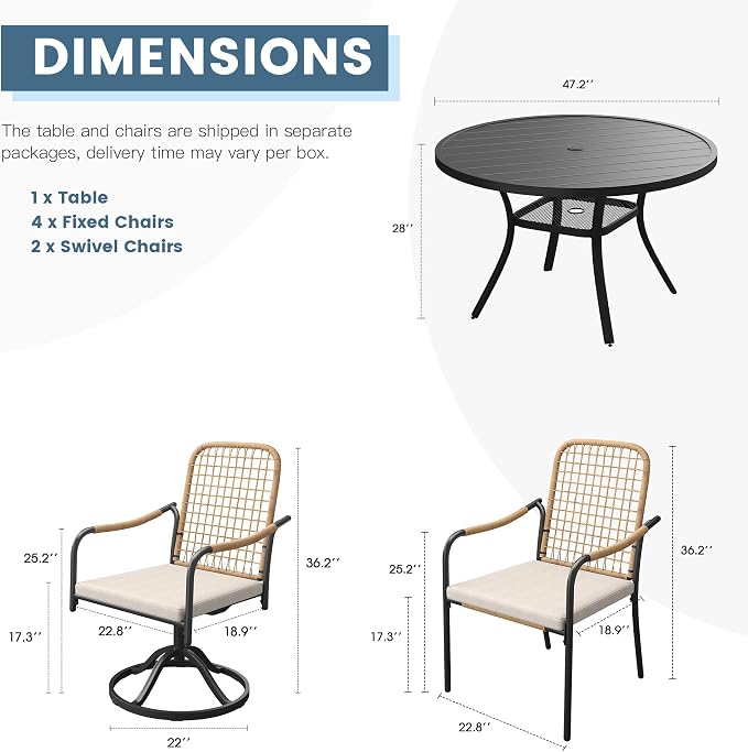 DIFY 7 Pieces Outdoor Dining Set for 6, Patio Furniture Set of 6 Wicker Patio Chairs with Soft Cushions and 47.2" Black Round Metal Table with Umbrella Hole, for Backyard Garden Deck, Wheat Rattan