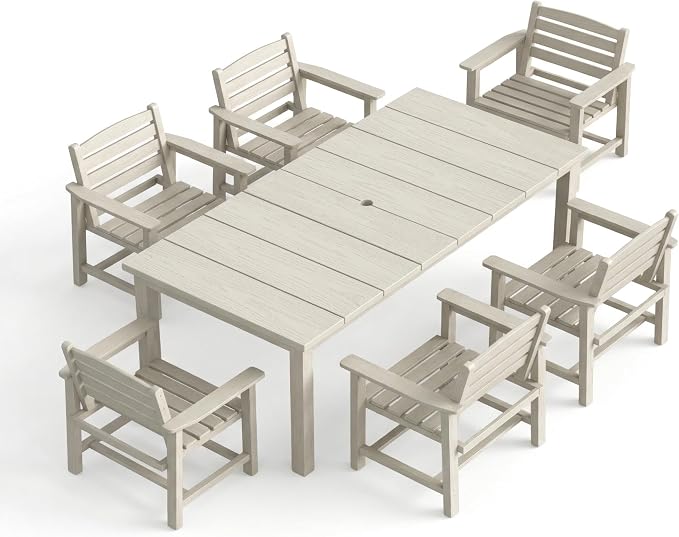 Kingdura 7 Piece Patio Dining Set for 6, 75.2'' HDPE Outdoor Dining Table Set with 2" Umbrella Hole, Weather-Resistant Outdoor Furniture, Table and Chairs Set for Backyard Pool Garden, White