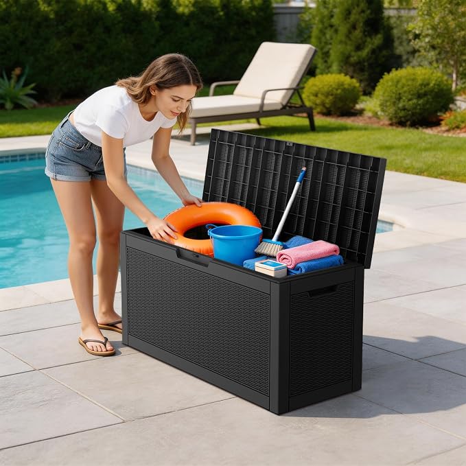 Mars Villa 60 Gallon Deck Box, Waterproof Weatherproof and UV Resistant Resin Storage Bin with Lockable Lid, Ideal for, Outdoor, Patio Furniture Cushions, Pool Supplies, Garden Tools, Black