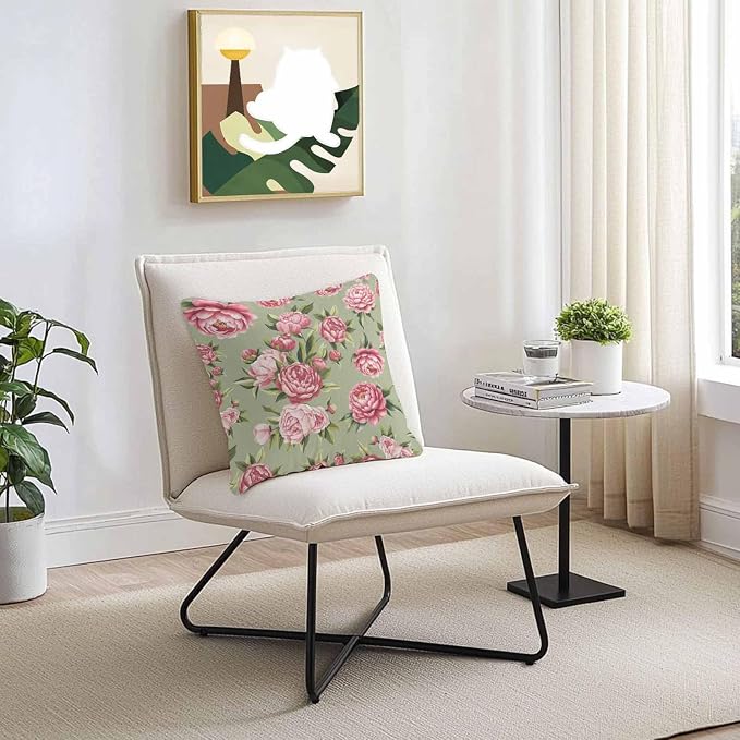 Vandarllin Outdoor Throw Pillows Covers 20x20 inch Set of 2 Waterproof Pink Rose Floral Decorative Zippered Cushion Covers for Patio Furniture, Sage Green Leaves Flowers Lumbar Pillowcases