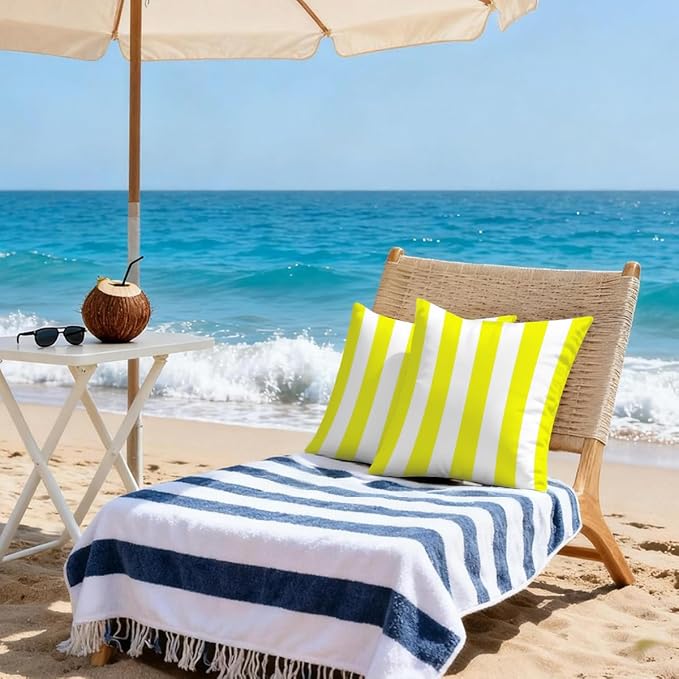 22x22 Inch Outdoor Pillow Covers Set of 2 Waterproof Throw Pillow Covers Decorative Couch Cushion Covers Yellow White Striped Square Pillowcases Protectors for Patio Garden Sofa