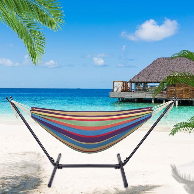 Hammock with Stand, Double Cotton Hammock with Space Saving Steel Stand, Heavy Duty Outside Garden Yard Outdoor 250lb Capacity Standing Hammocks and Portable Carrying Bag