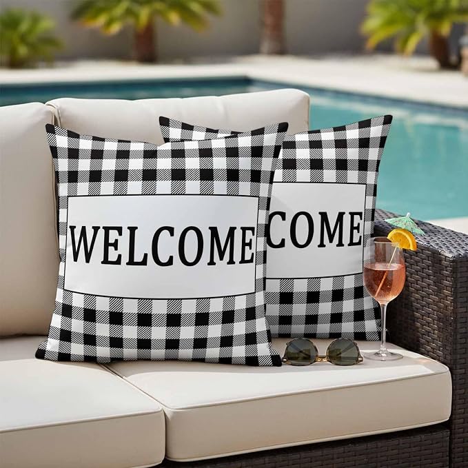 Welcome Black Outdoor Pillow Covers Set of 2 White Buffalo Check Plaid Waterproof Throw Pillow Cover Decorative Cushion Cases for Patio Porch Garden 20X20 Inch