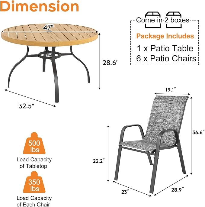 Outdoor Patio Dining Set for 6, 7 Pieces Patio Table and Chairs Set with Umbrella Hole, 47"x 47" Round Metal Wood-Grain Dining Table Set with 6 Stackable Patio Chairs for Deck , Backyard, Porch