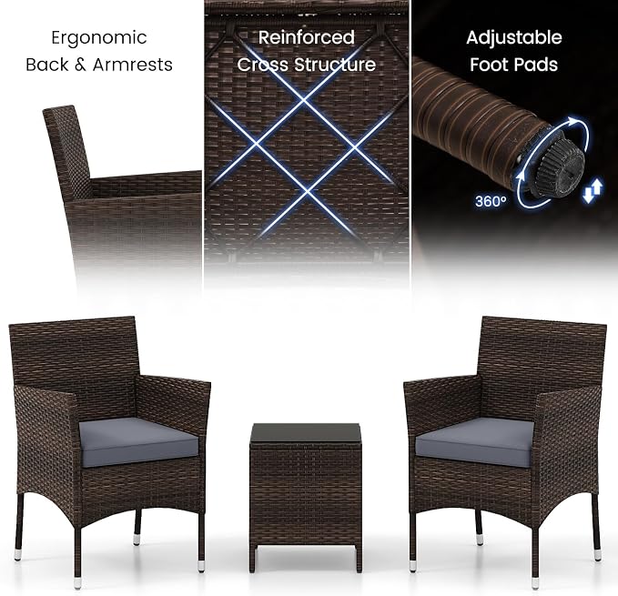 RELAX4LIFE 3-Piece Patio Furniture Set - Rattan Wicker Outdoor Conversation Set w/Cushions & Glass Coffee Table, Balcony Furniture for Porch Garden Backyard, Bistro Table and Chairs Set of 2 (Grey)