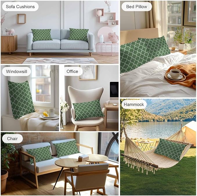 Dark Green Moroccan Outdoor Pillow Covers 20x12 Inch Lumbar Pillow Covers Set of 2 Waterproof Decorative Throw Pillow Cases Middle Century Quatrefoil Plaid Art Cushion Covers for Patio Furniture