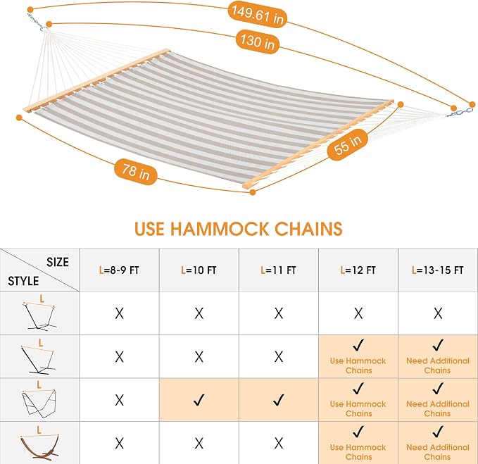 Lazy Daze Hammocks Quick Dry Hammock with Spreader Bar Textliene Fabric Double 2 Person Hammock with Chains Outdoor Patio Poolside Backyard Beach 450 lbs Capacity, Beige White Stripes