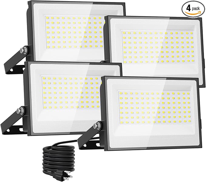 Onforu 120W Flood Lights Outdoor, 12000lm Bright LED Work Light with Plug,Daylight White LED Flood Lighting, IP66 Waterproof Security Yard Lights for Yard Garage Stadium 4 Pack