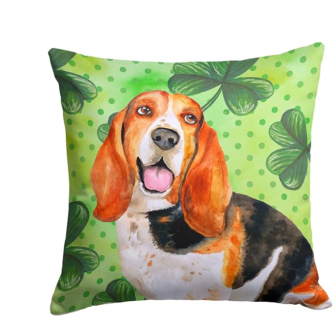Caroline's Treasures BB9878PW1414 Basset Hound St Patrick's Fabric Decorative Pillow, Green Machine Washable, Indoor Outdoor Decorative Pillow for Couch, Bed or Patio, 14Hx14W