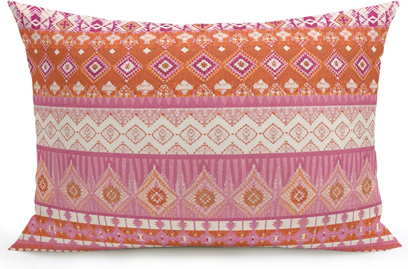 Waterproof Outdoor Pillow 1 Pack Red Bohemian Decorative Throw Pillows Cover & Insert 20x12 Inch Lumbar Pillowcase Boho Style Floral Leaves Geometric Pillows for Couch Sofa Bed Patio Furniture