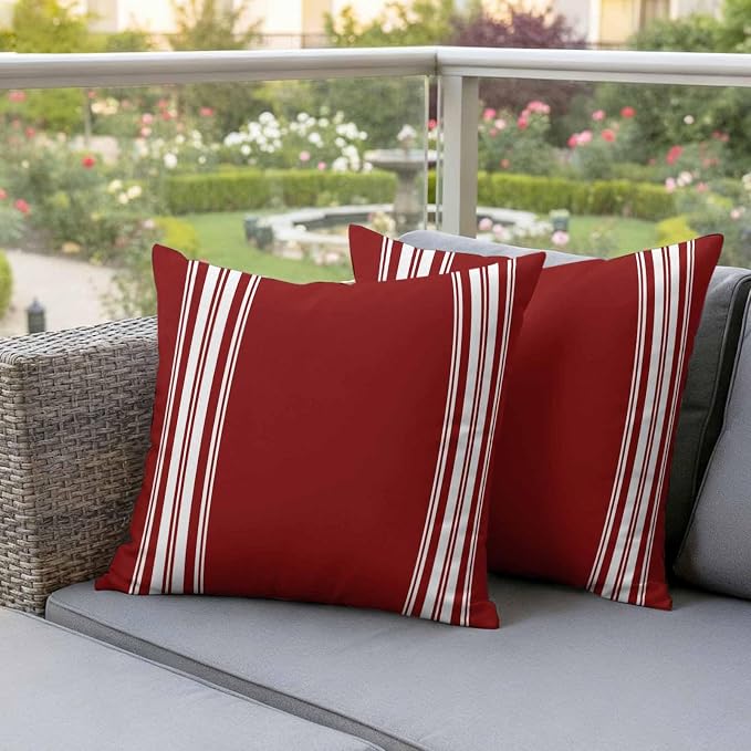 Outdoor Pillow Covers 16x16 Set of 2 Burgundy Red Stripe Outdoor Pillows Waterproof Throw Pillow Covers French Stripe Farmhouse Style Pillowcases Decorative Case for Patio Cushion