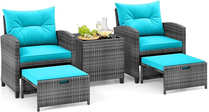 Tangkula 5 Pieces Patio Conversation Set, PE Wicker Rattan Outdoor Furniture Set with 2 Chairs, 2 Ottomans & Tempered Glass Coffee Table, Ideal for Poolside, Backyard, Lawn, Deck, Mix Grey & Turquoise