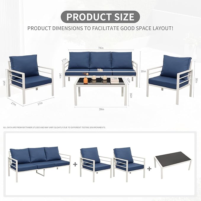 Rattaner Aluminum Outdoor Patio Furniture Set 4 Pieces Outdoor Furniture White Frame Patio Couch Set Outdoor Chairs Glass Coffee Table with No-Slip Cushions and Waterproof Covers, Navy Blue