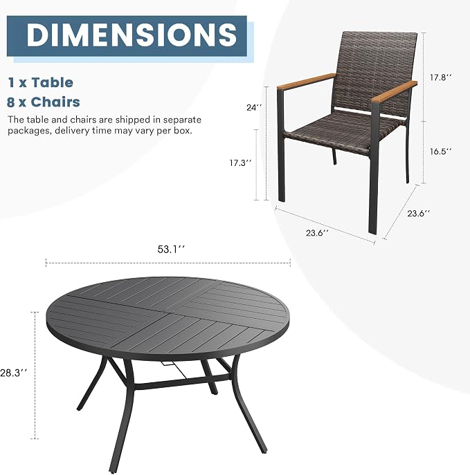 DIFY 9 Piece Patio Dining Set for 8, Wicker Stackable Patio Chairs & 53.1" Round Black Metal Dining Table with Umbrella Hole, All Weather Outdoor Table and Chairs Set for Deck Garden Backyard