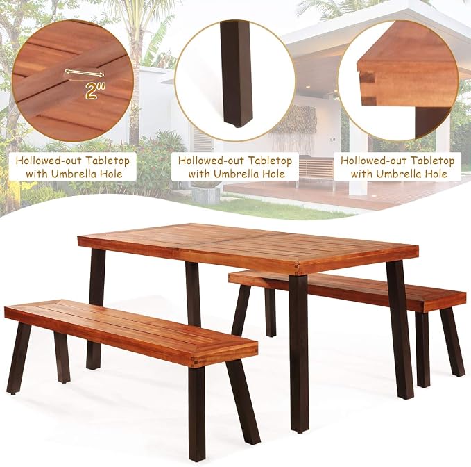 Giantex Patio Dining Table Set with 2 Benches, Outdoor Picnic Table Set with Umbrella Hole, Acacia Wood Patio Seating and Rectangular Table for Backyard, Garden, Lawn (Rustic Brown)