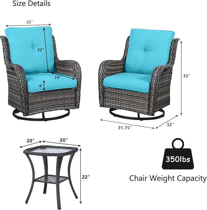 HUMMUH 3-Piece Swivel Rocking Rattan Chair Outdoor, Patio Bistro Furniture Conversation Set, Cushioned Wicker Chair with Glass Coffee Table(Grey,Blue)