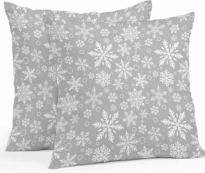 Outdoor Waterproof Throw Pillow Covers, Merry Christmas and Happy New Year Winter Snowfalke Geometric Pattern Gray Pillowcases Cushion Covers Cases for Patio Couch Bench, Pack of 2 Square, 18X18 Inch