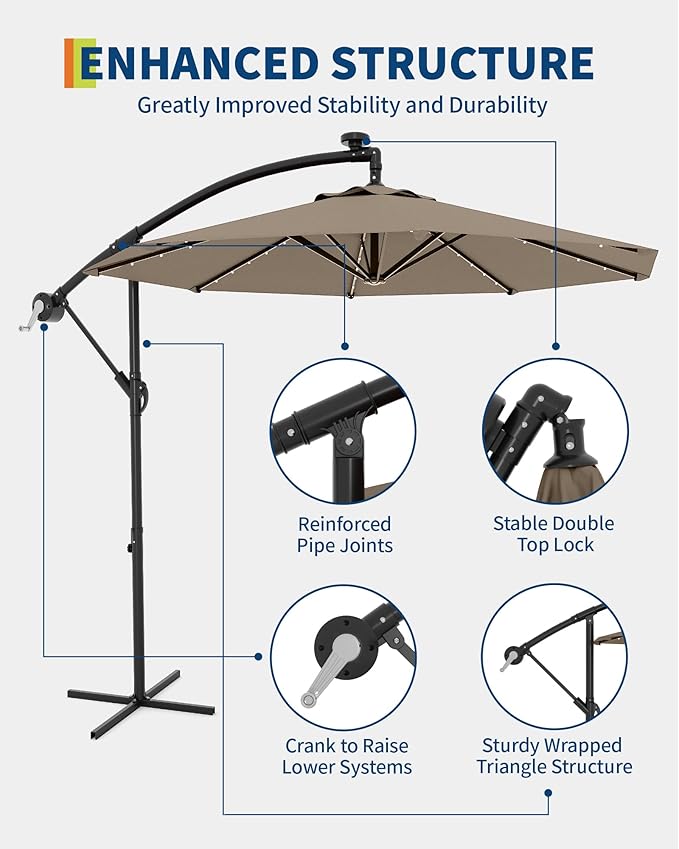 10FT Cantilever Umbrella with Solar Lights, Outdoor Offset Market Umbrella with Infinite Tilt and Cross Base, Outside Patio Umbrellas for Backyard, Lawn, Garden and Pool (Tan)
