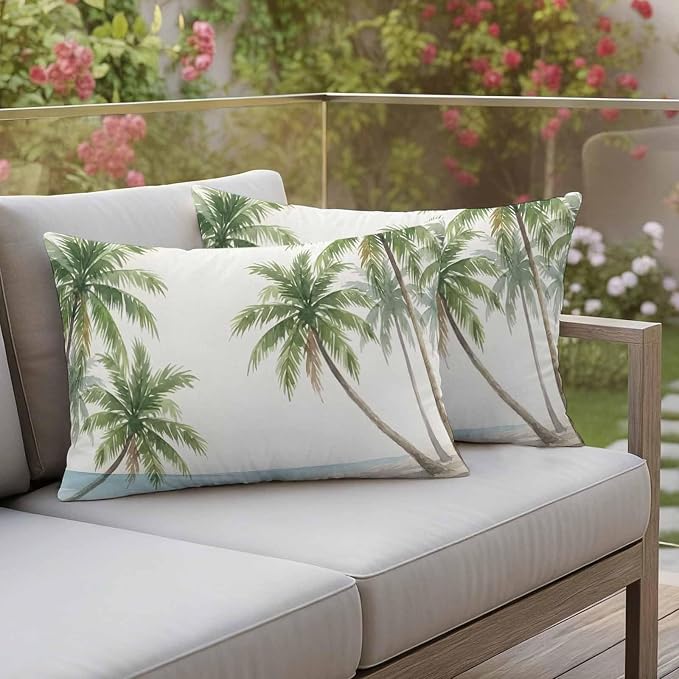 Yukro Coastal Beach Palm Tree Outdoor Waterproof Pillow Covers Pack of 2, Watercolor Coconut Tree Summer Throw Pillowcases Decorative Cushion Covers for Garden Patio Tent Sofa Couch, 20x12 inch